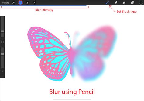 Procreate screenshot showing Pencil Blur applied to a butterfly detail