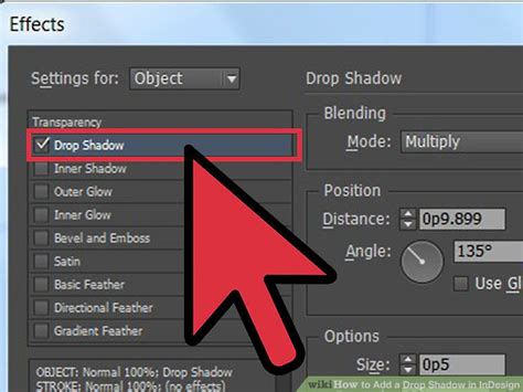 InDesign Control Panel showing the Drop Shadow button