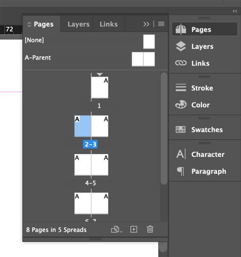 InDesign Pages Panel showing spreads