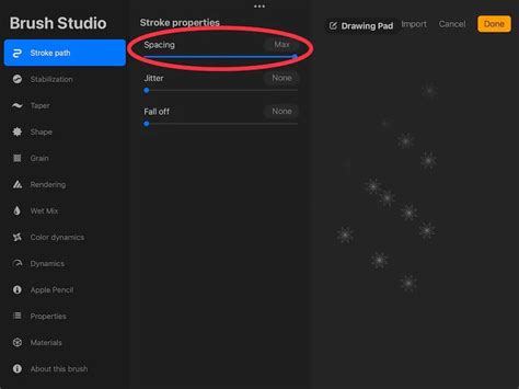 Procreate Shape Editor showing Spacing slider at maximum