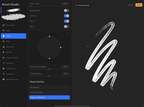 Screenshot of Procreate's Brush Studio with the Shape tab highlighted, showing options to draw or import.