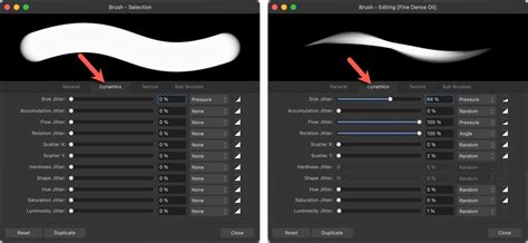 Screenshot of Procreate's Brush Studio with the Dynamics tab highlighted, showing sliders for Size, Opacity, and Flow.
