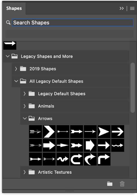 Photoshop Shapes Panel showing Legacy Arrows