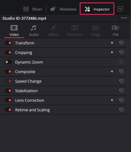 DaVinci Resolve Inspector Panel with Rotation Angle highlighted