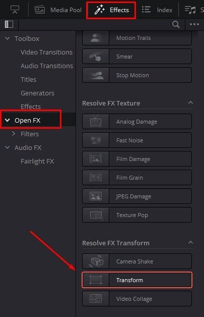 DaVinci Resolve Transform Tool interface