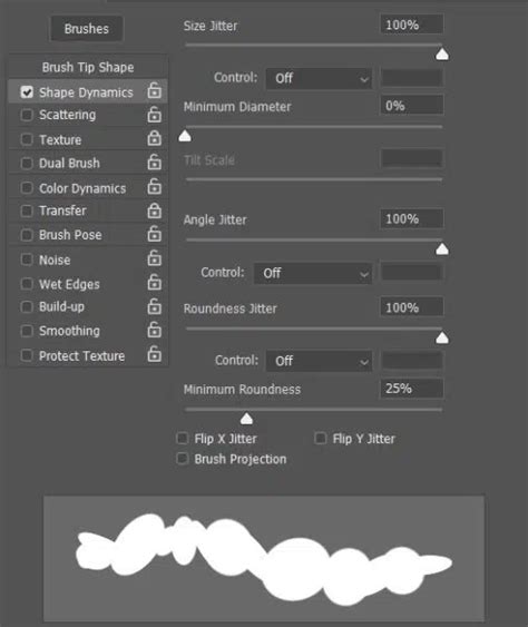 Screenshot of Photoshop's Brush Settings panel, highlighting the Shape Dynamics section and the Pen Pressure control.