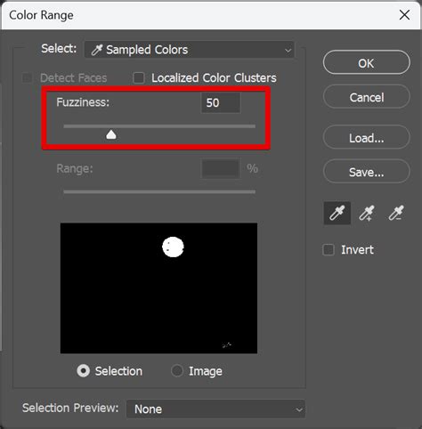 Screenshot of Photoshop's Color Range dialog box with Fuzziness slider