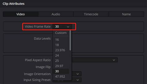 DaVinci Resolve Clip Attributes panel showing Video Frame Rate setting