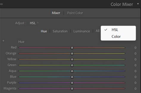 A screenshot of the Lightroom HSL panel with the Targeted Adjustment Tool active, showing a cursor hovering over a blue sky.