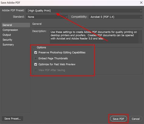 Photoshop Save Adobe PDF window with PDF/X-4 preset highlighted