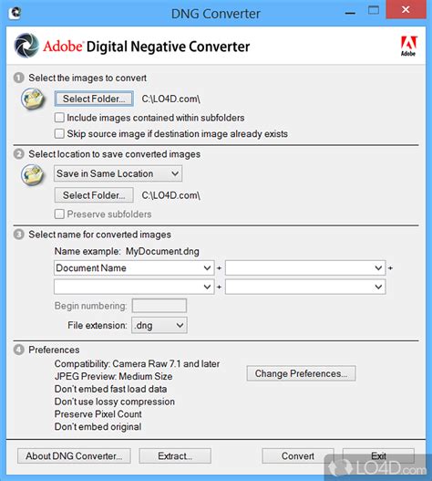 Adobe DNG Converter interface