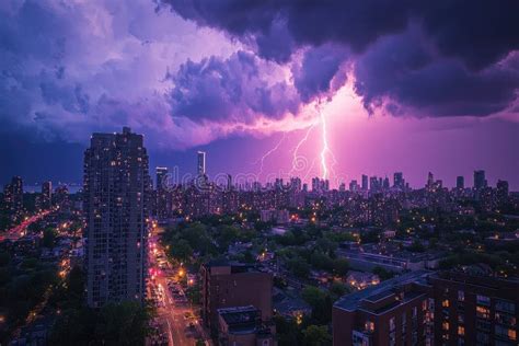 Dramatic lightning strike over a city skyline