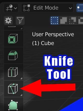 Blender 3D Viewport showing the Tool Shelf with the Knife tool highlighted