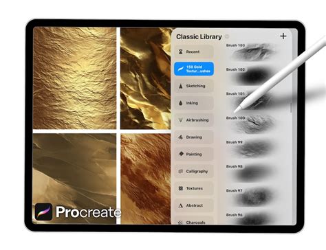 Procreate interface showing metallic brush options