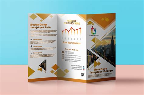 Tri-fold brochure design with layered and rotated stripes