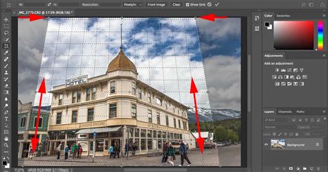 Demonstration of the Perspective Crop Tool correcting a distorted building