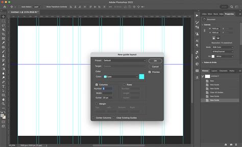 Photoshop interface with guides and grids visible