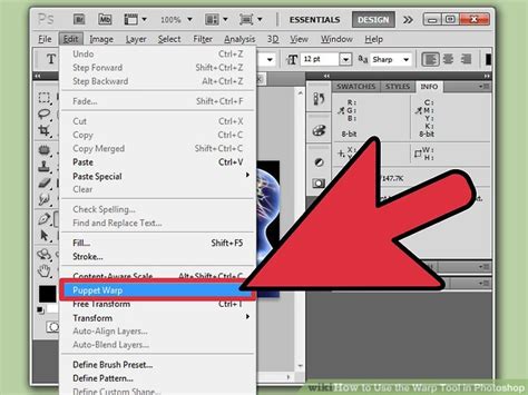 Photoshop interface with Warp tool selected