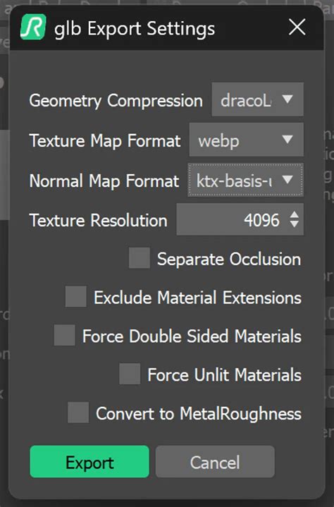 Blender interface showing glTF export settings with WebP option