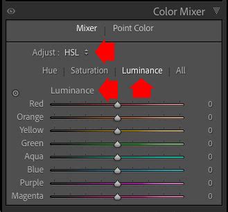 Lightroom Classic Color Mixer panel showing Hue, Saturation, and Luminance sliders for various colors