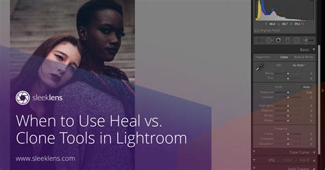 An infographic illustrating the difference between the Heal and Clone tools in Lightroom.