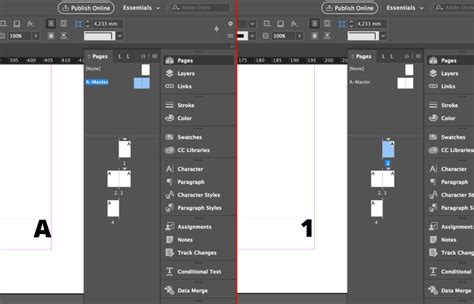 InDesign master page with current page number placeholder