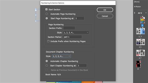InDesign setting start page numbering for a section