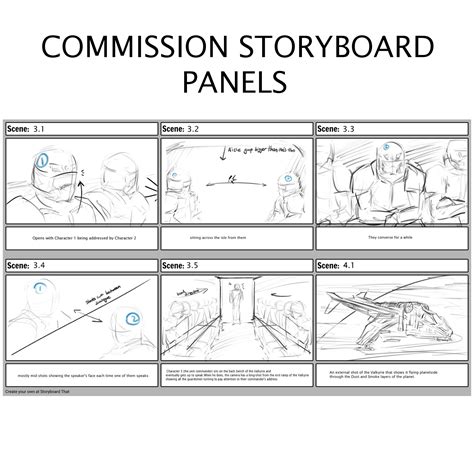 Storyboard panels with drawings and text descriptions