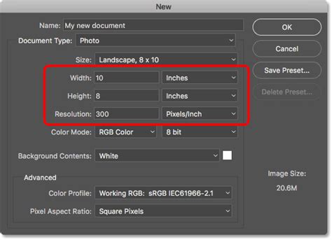 Photoshop New Document window with resolution and background content settings