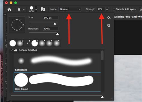 Screenshot showing the Blur Tool selected in Photoshop with brush size and strength options visible
