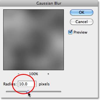 Screenshot showing the Gaussian Blur filter dialog box with the radius slider