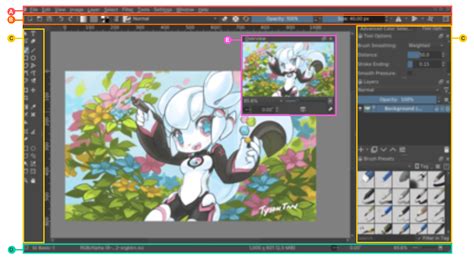 Krita interface with brush settings panel open