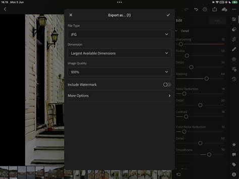 A screenshot of the Lightroom Export Dialogue box, showing key settings for JPEG export.