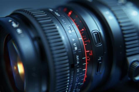 Close-up of a camera lens focusing on a landscape