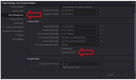 Screenshot showing the 'Open LUT Folder' button in DaVinci Resolve Color Management settings