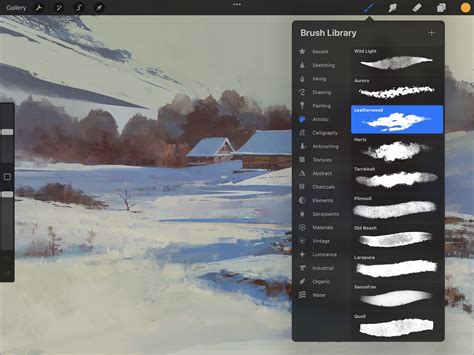 Procreate brush library interface showing brush sets and individual brushes