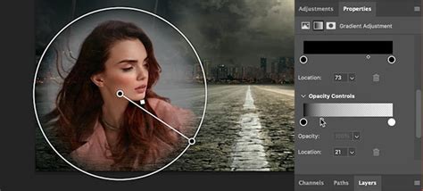 Photoshop screenshot showing a radial gradient applied to a layer mask