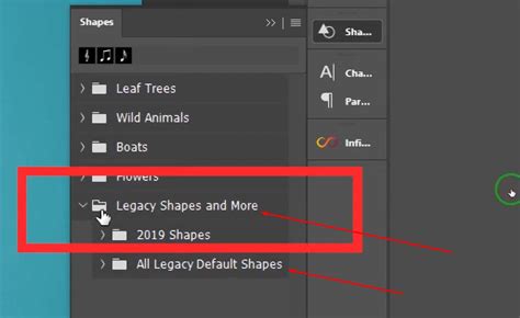 Photoshop interface showing the Shapes panel with the Legacy Shapes and More option highlighted