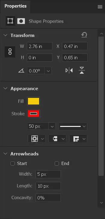 Photoshop interface showing the Line Tool options with Arrowheads settings