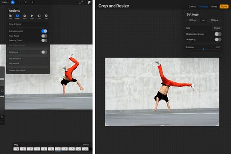 Procreate Crop and Resize interface showing dimensions being adjusted and layer count update