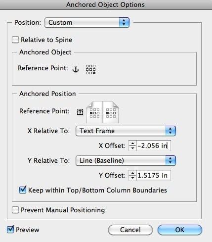 InDesign Anchored Object Options dialog box - Above Line mode