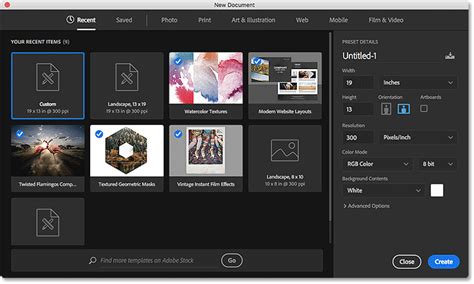Photoshop New Document dialog box interface
