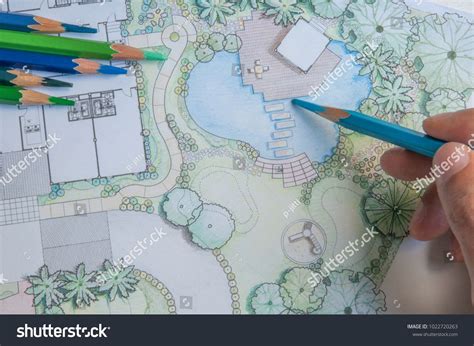 Hand-drawn landscape plan with colored pencils