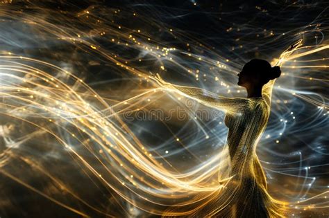 woman surrounded by glowing light streaks