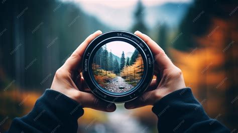 Photographer looking through a camera lens towards a bright sun