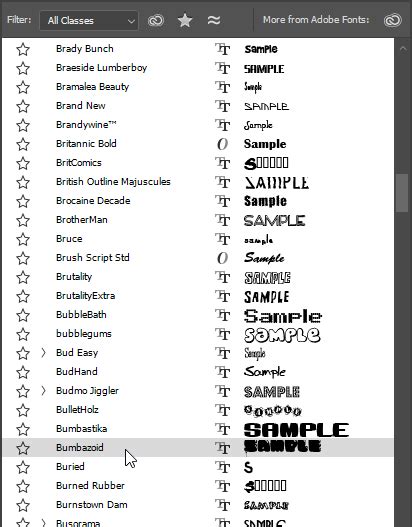 Photoshop Font dropdown menu showing Adobe Fonts and Favorite Fonts filters