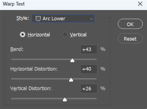 Warp Text dialog box with various style options