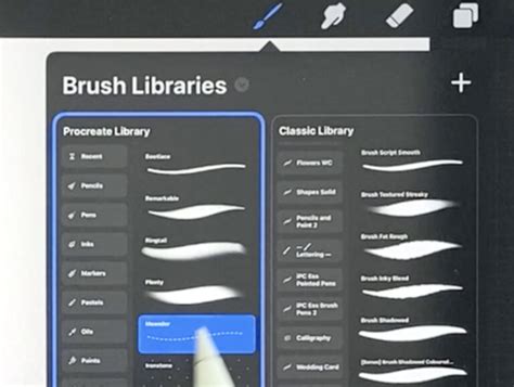 Screenshot of Procreate's brush library with custom brush sets and emojis
