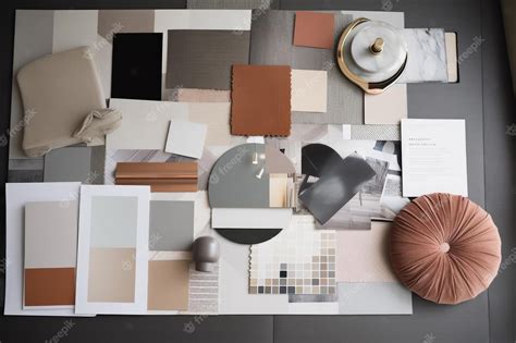 Interior design mood board with fabric swatches and color palettes