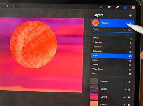 Procreate interface showing layer modes options like Multiply, Screen, and Overlay